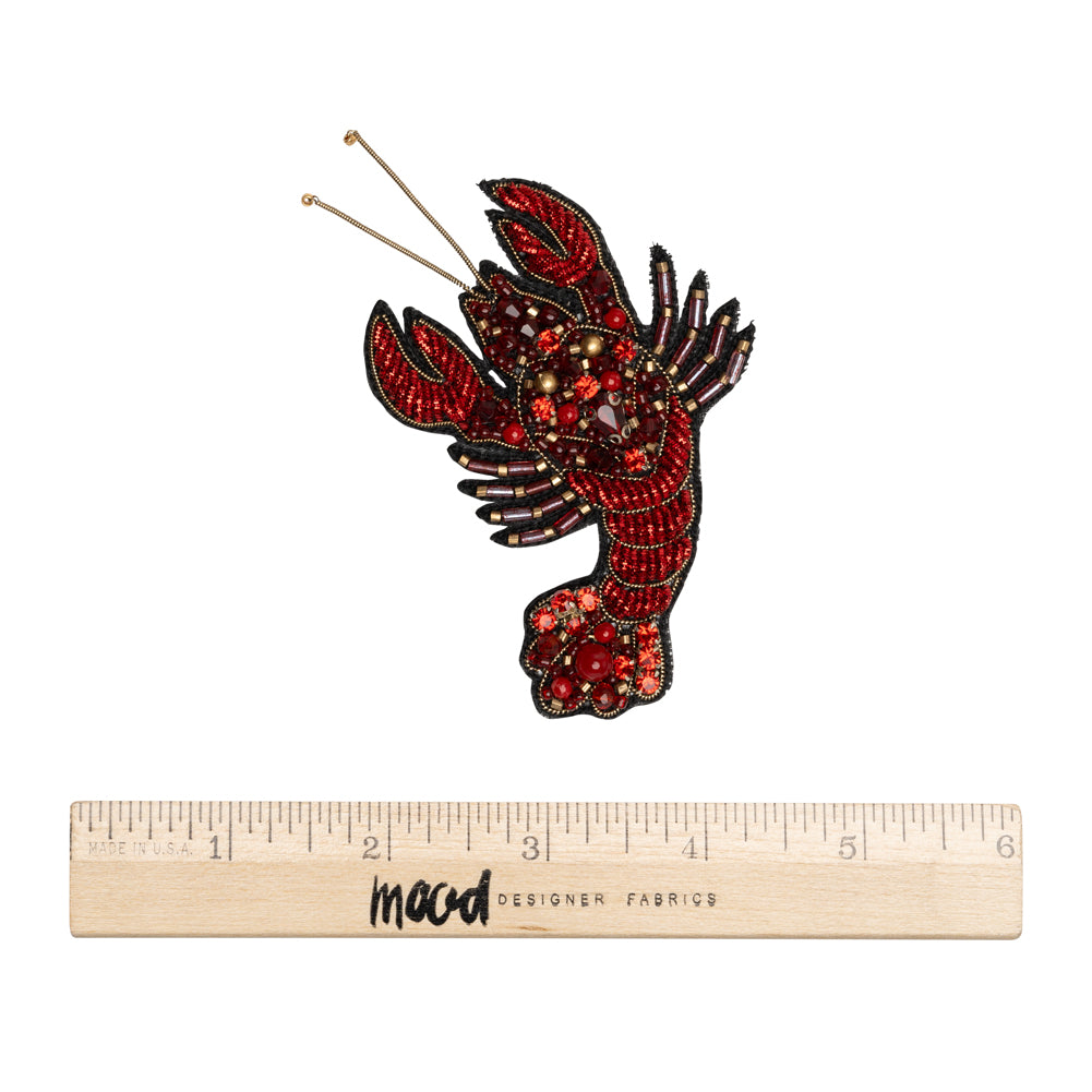 Rhinestones and Glass Beaded Metallic Applique, 3.25" x 2.75" - Red and Gold Lobster - Alice Collection - Full