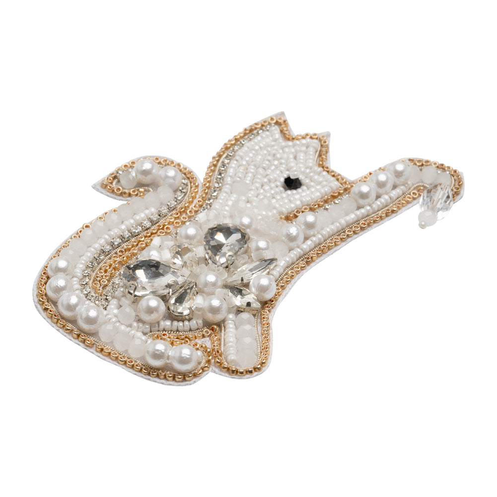 Rhinestones and Glass Beaded Applique, 3.875" x 3" - White, Crystal and Gold Playing Cat - Alice Collection - Folded