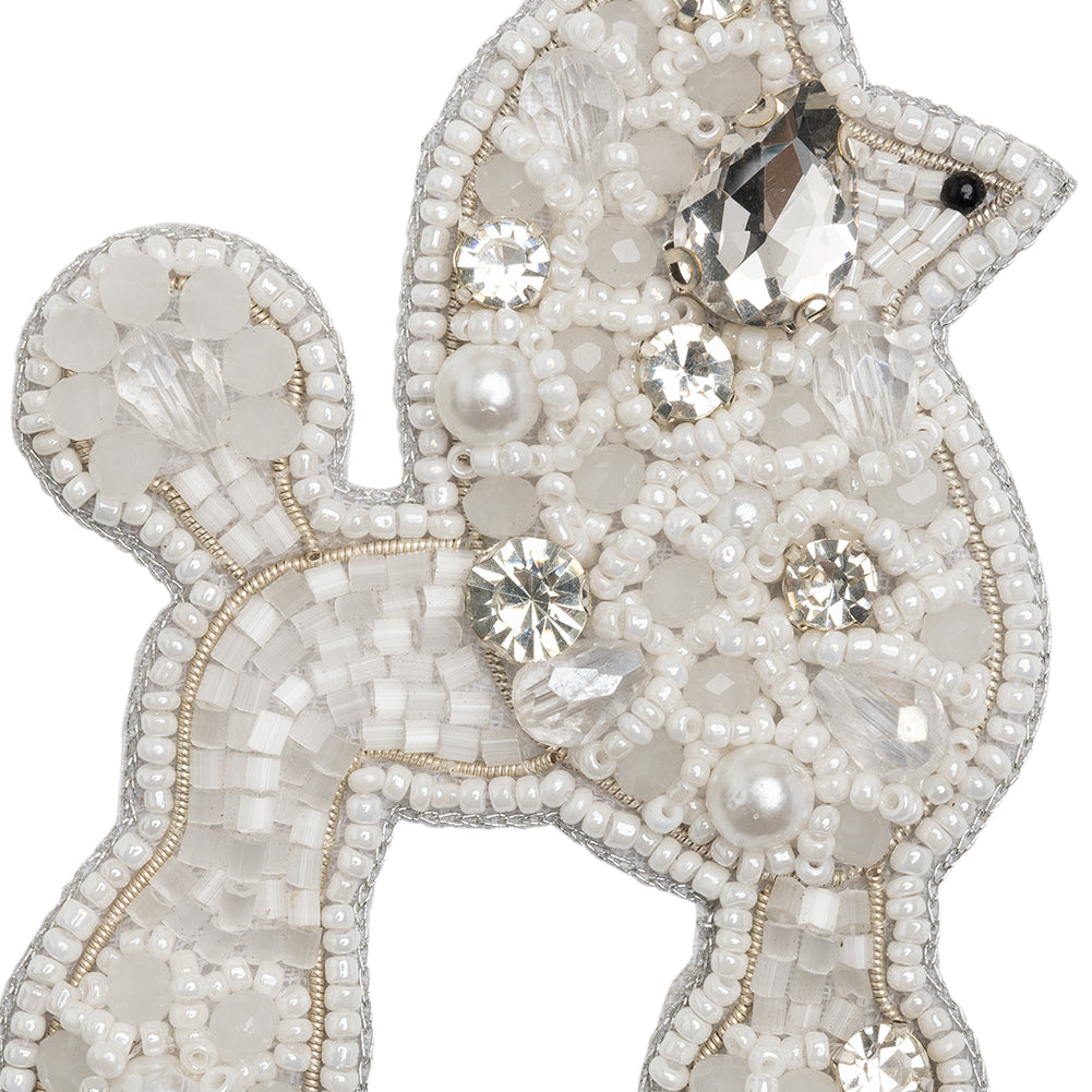 Rhinestones and Glass Beaded Applique, 3.5" x 2.375" - White, Crystal and Silver Poodle - Alice Collection - Detail