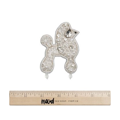 Rhinestones and Glass Beaded Applique, 3.5" x 2.375" - White, Crystal and Silver Poodle - Alice Collection