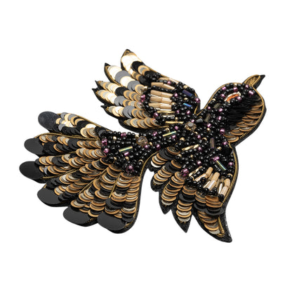 Sequins and Glass Beaded Applique, 4" x 3.25" - Black, Gold and Oilslick Flying Bird - Alice Collection