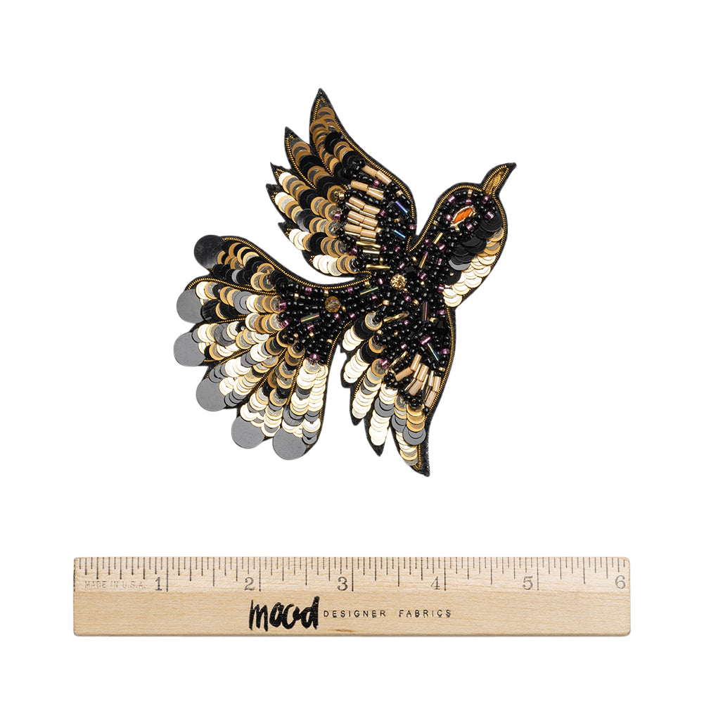Sequins and Glass Beaded Applique, 4" x 3.25" - Black, Gold and Oilslick Flying Bird - Alice Collection - Full