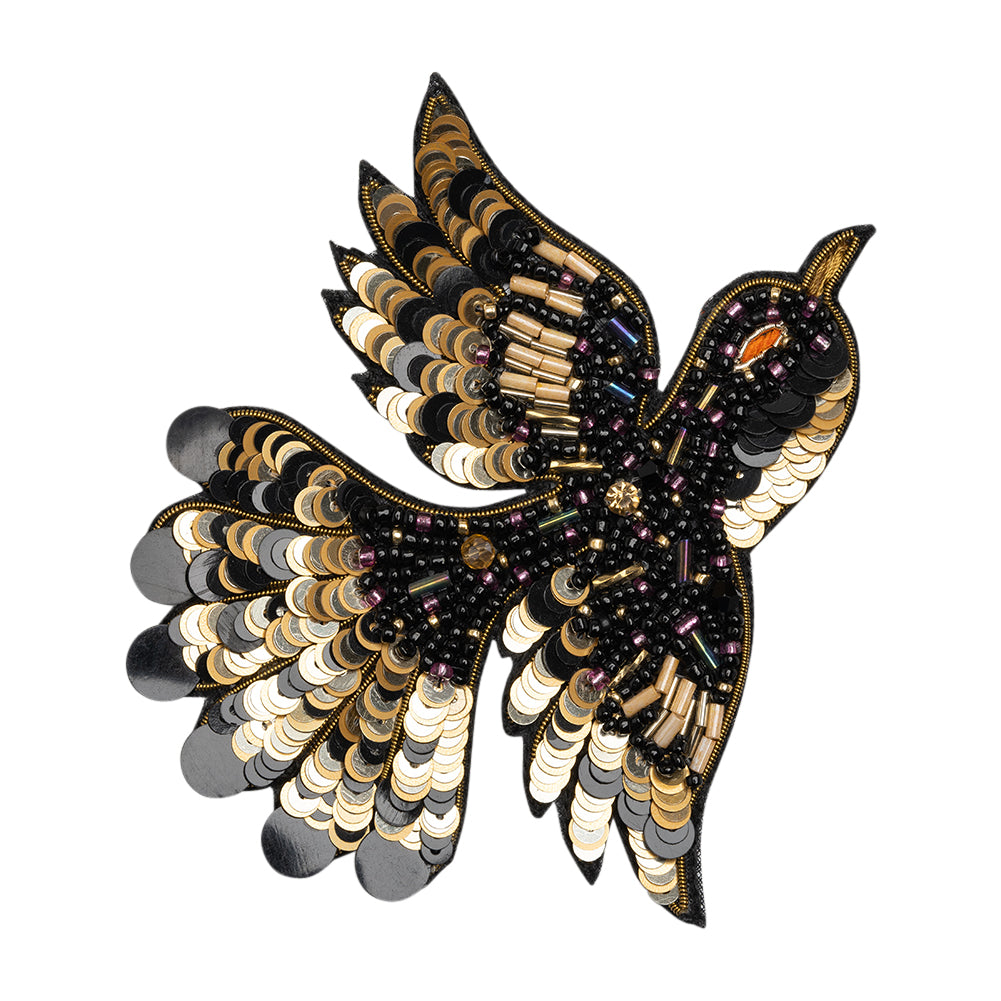 Sequins and Glass Beaded Applique, 4" x 3.25" - Black, Gold and Oilslick Flying Bird - Alice Collection