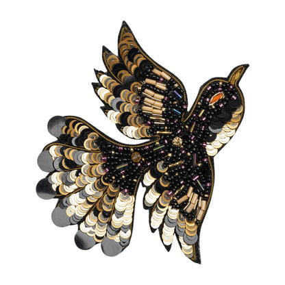 Sequins and Glass Beaded Applique, 4" x 3.25" - Black, Gold and Oilslick Flying Bird - Alice Collection