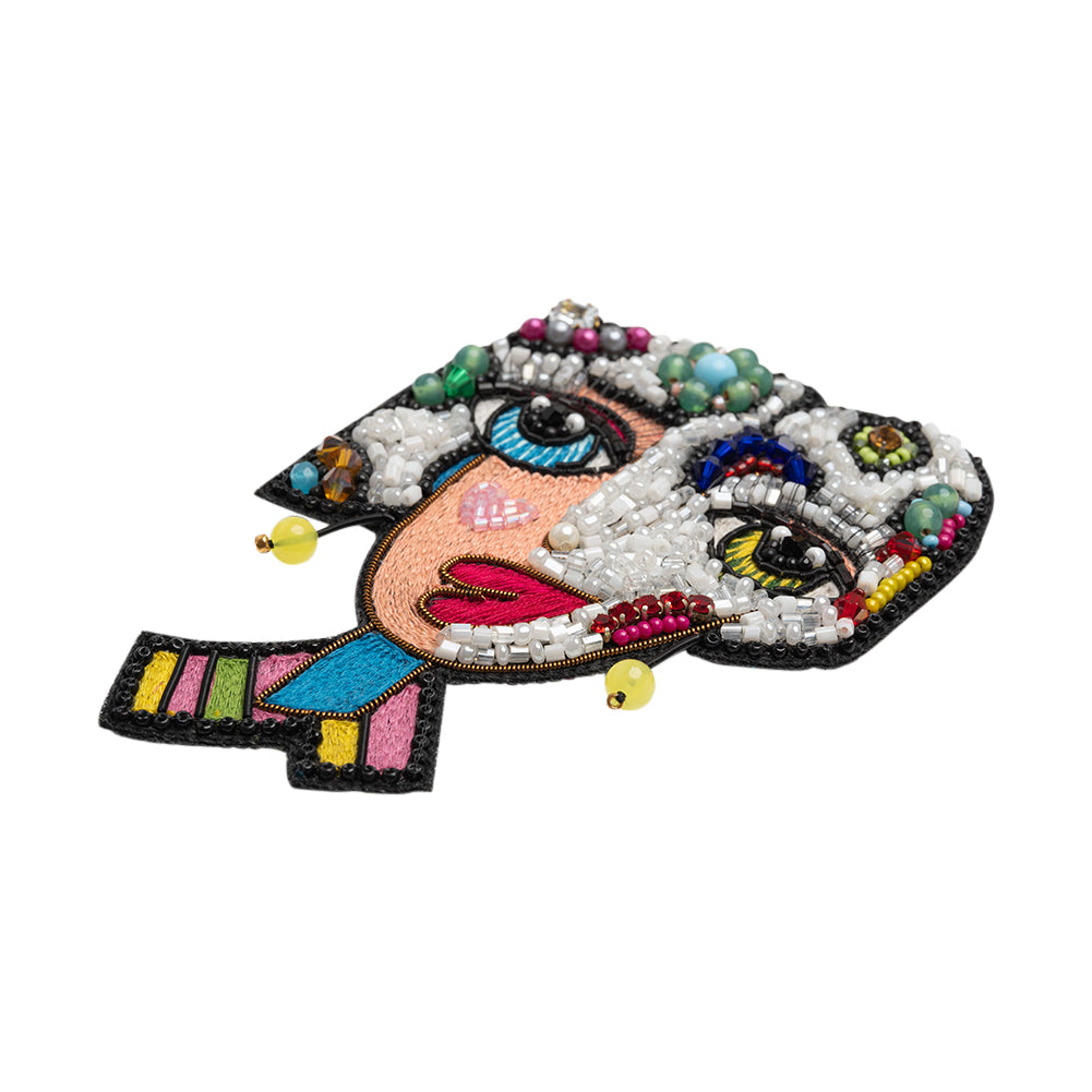 Embroidered, Rhinestones and Glass Beaded Applique, 4.375" x 3" - White and Rainbow Cubist Face - Alice Collection - Folded