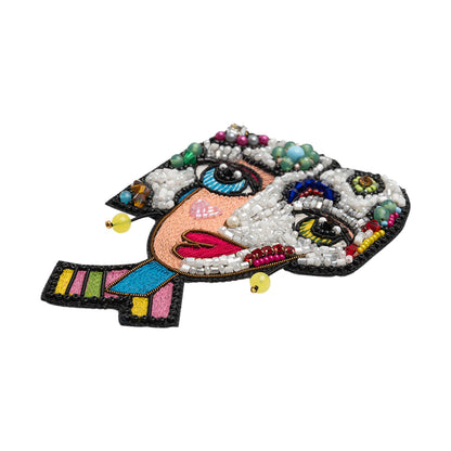 Embroidered, Rhinestones and Glass Beaded Applique, 4.375" x 3" - White and Rainbow Cubist Face - Alice Collection
