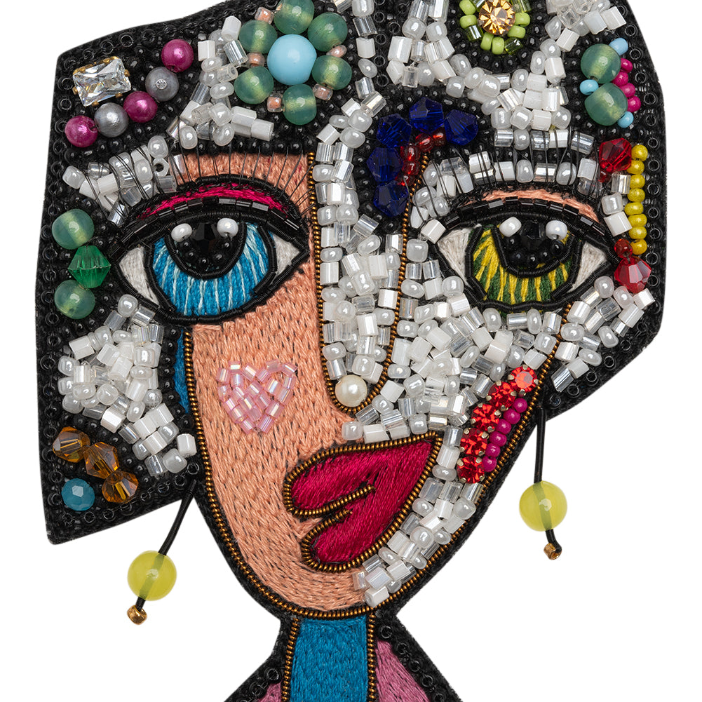 Embroidered, Rhinestones and Glass Beaded Applique, 4.375" x 3" - White and Rainbow Cubist Face - Alice Collection - Detail