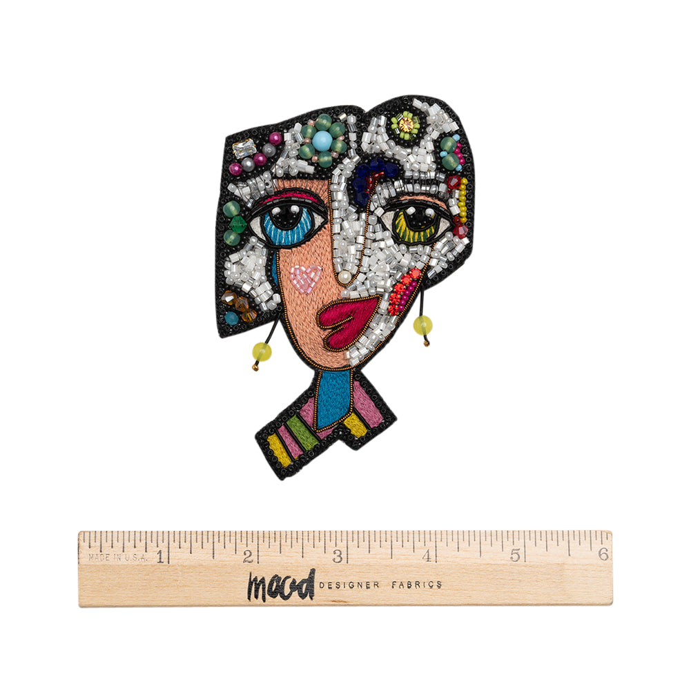 Embroidered, Rhinestones and Glass Beaded Applique, 4.375" x 3" - White and Rainbow Cubist Face - Alice Collection - Full