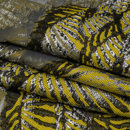 Yellow, Black and Metallic Silver Palm Leaves Luxury Burnout Brocade