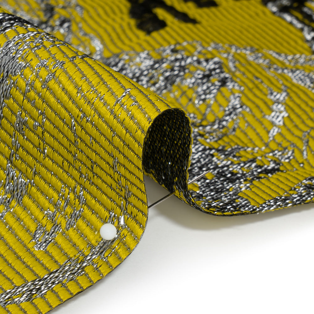 Yellow, Black and Metallic Silver Palm Leaves Luxury Burnout Brocade - Detail