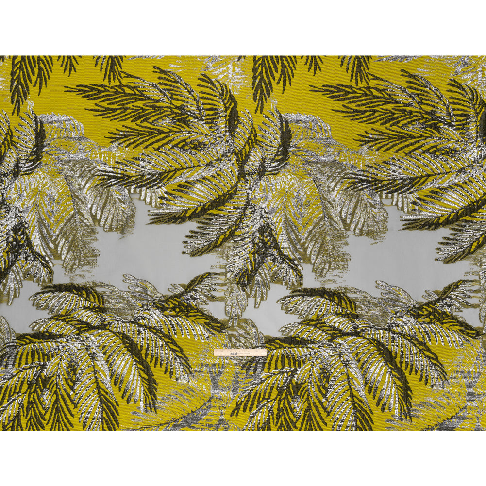 Yellow, Black and Metallic Silver Palm Leaves Luxury Burnout Brocade - Full