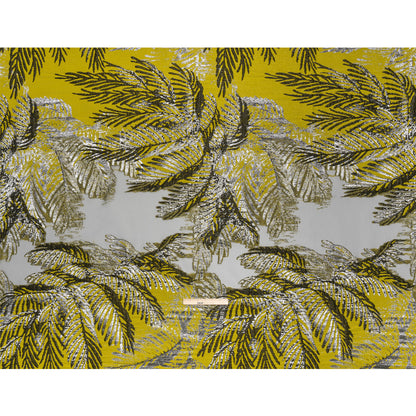 Yellow, Black and Metallic Silver Palm Leaves Luxury Burnout Brocade