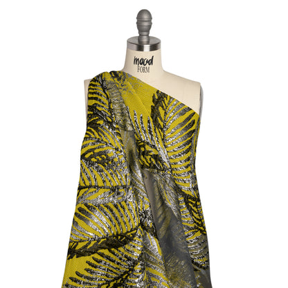 Yellow, Black and Metallic Silver Palm Leaves Luxury Burnout Brocade