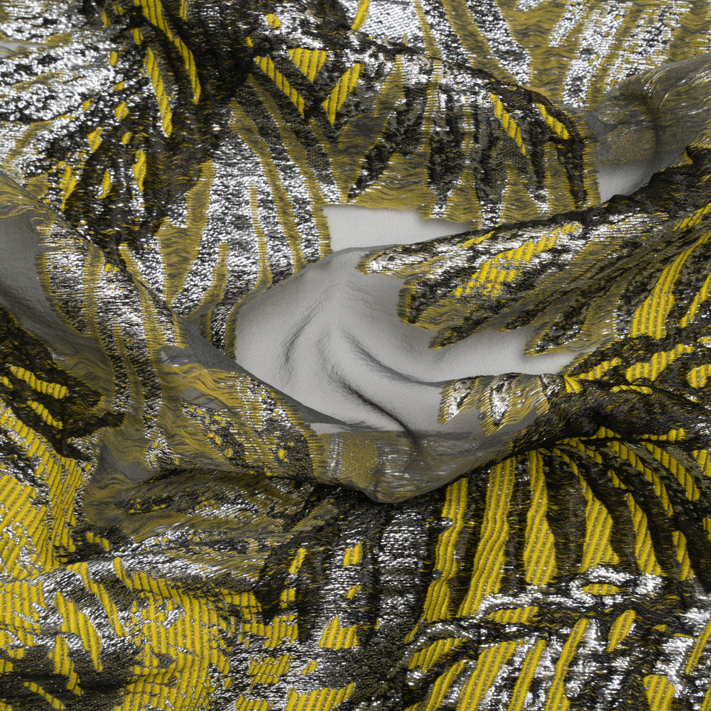 Yellow, Black and Metallic Silver Palm Leaves Luxury Burnout Brocade