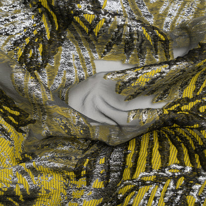 Yellow, Black and Metallic Silver Palm Leaves Luxury Burnout Brocade