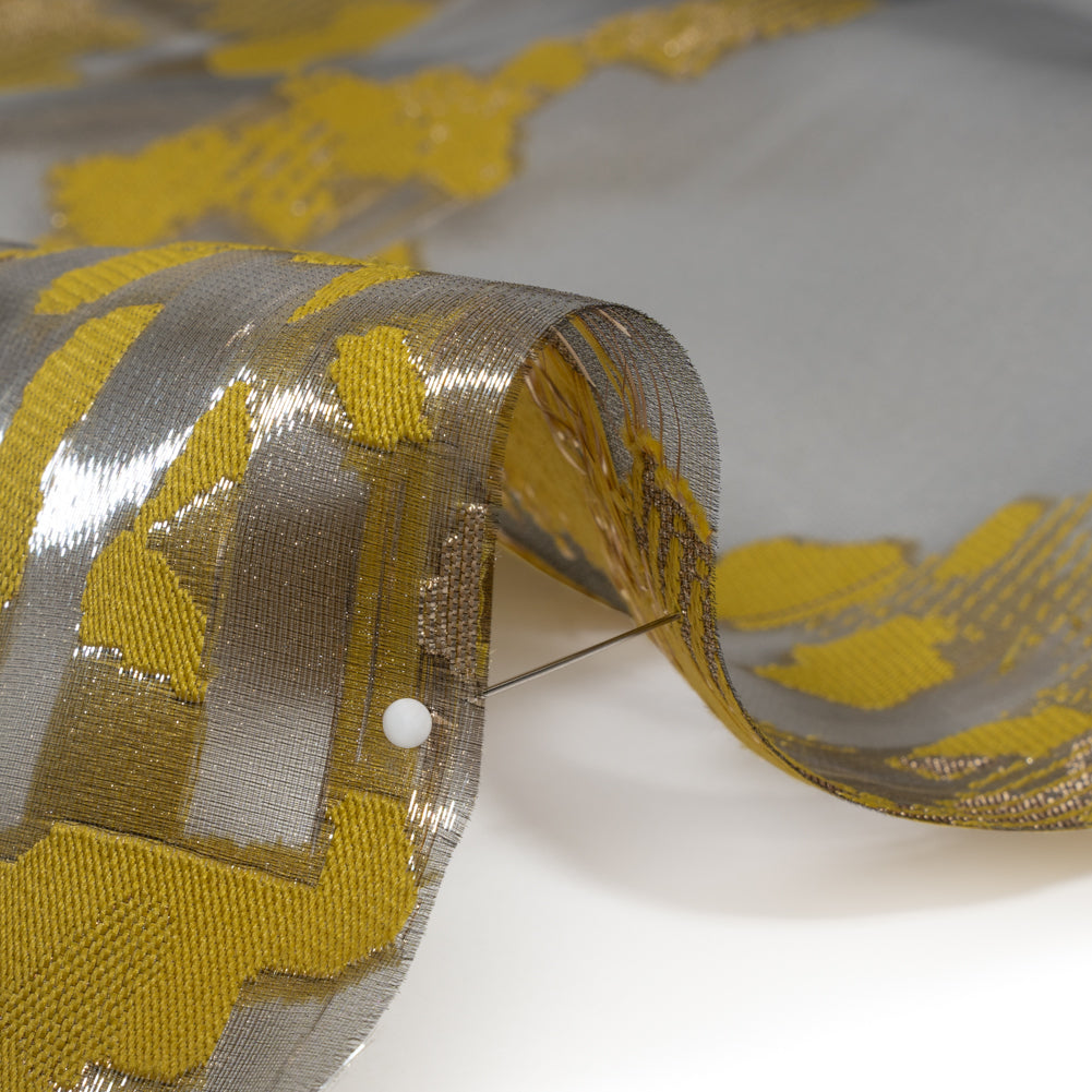 Yellow and Black Metallic Abstract Luxury Burnout Brocade - Detail
