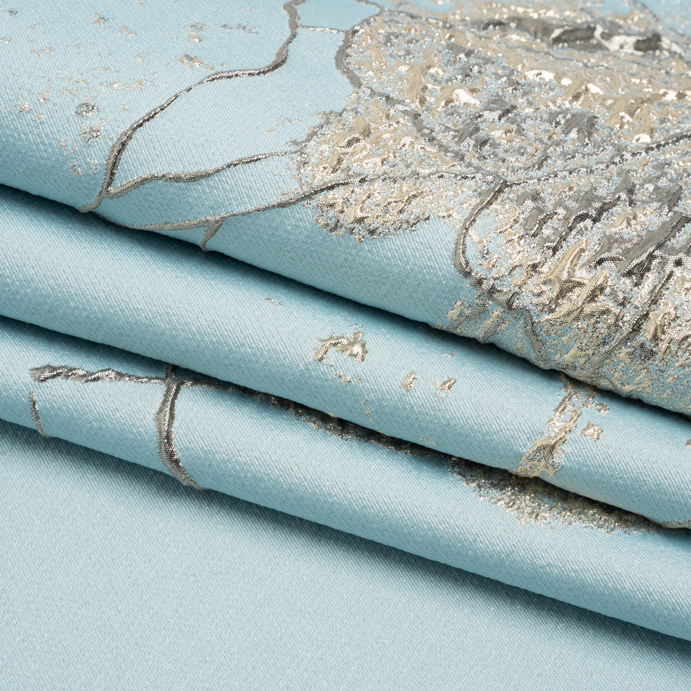 Metallic Silver, Gray and Sky Blue Fanciful Floral Luxury Brocade - Folded