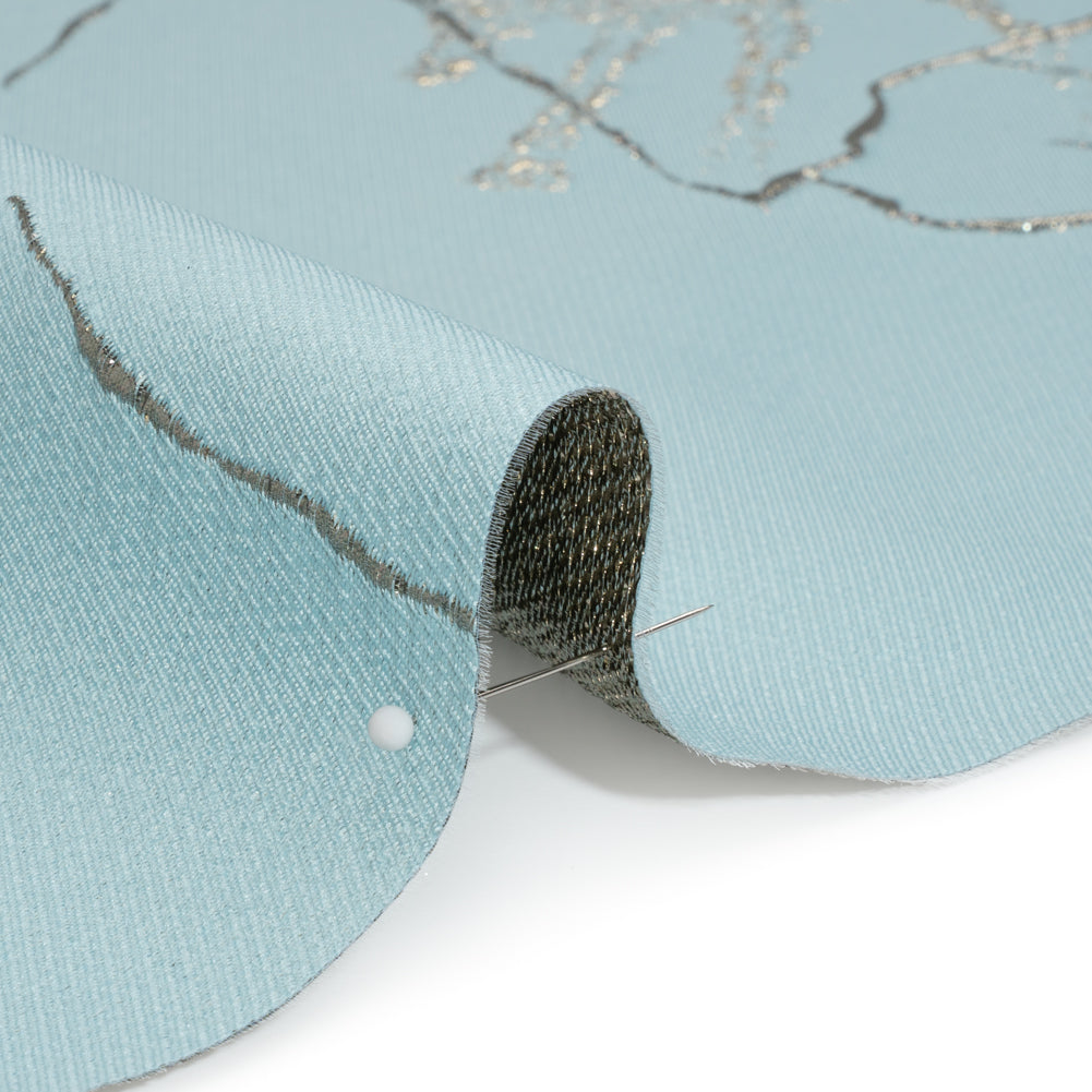 Metallic Silver, Gray and Sky Blue Fanciful Floral Luxury Brocade - Detail