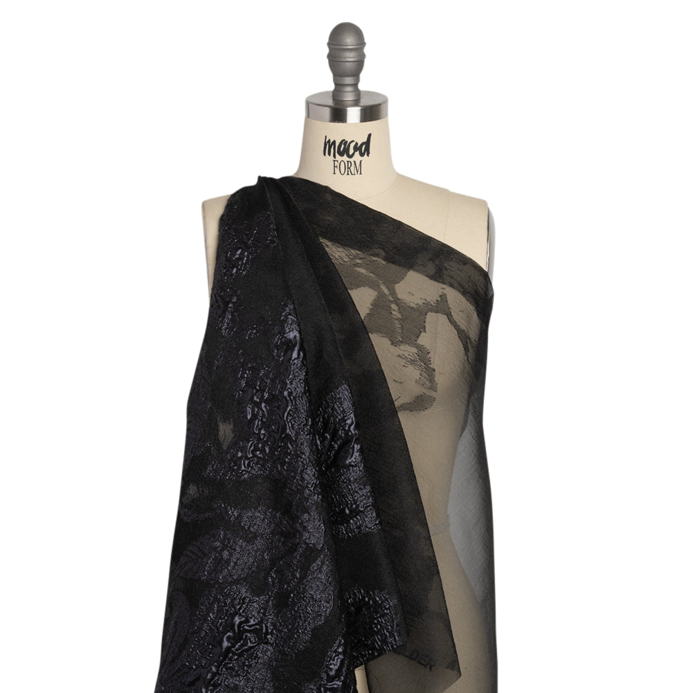 Metallic Gunmetal and Black Floral Silhouettes Border Luxury Burnout Brocade - Drape