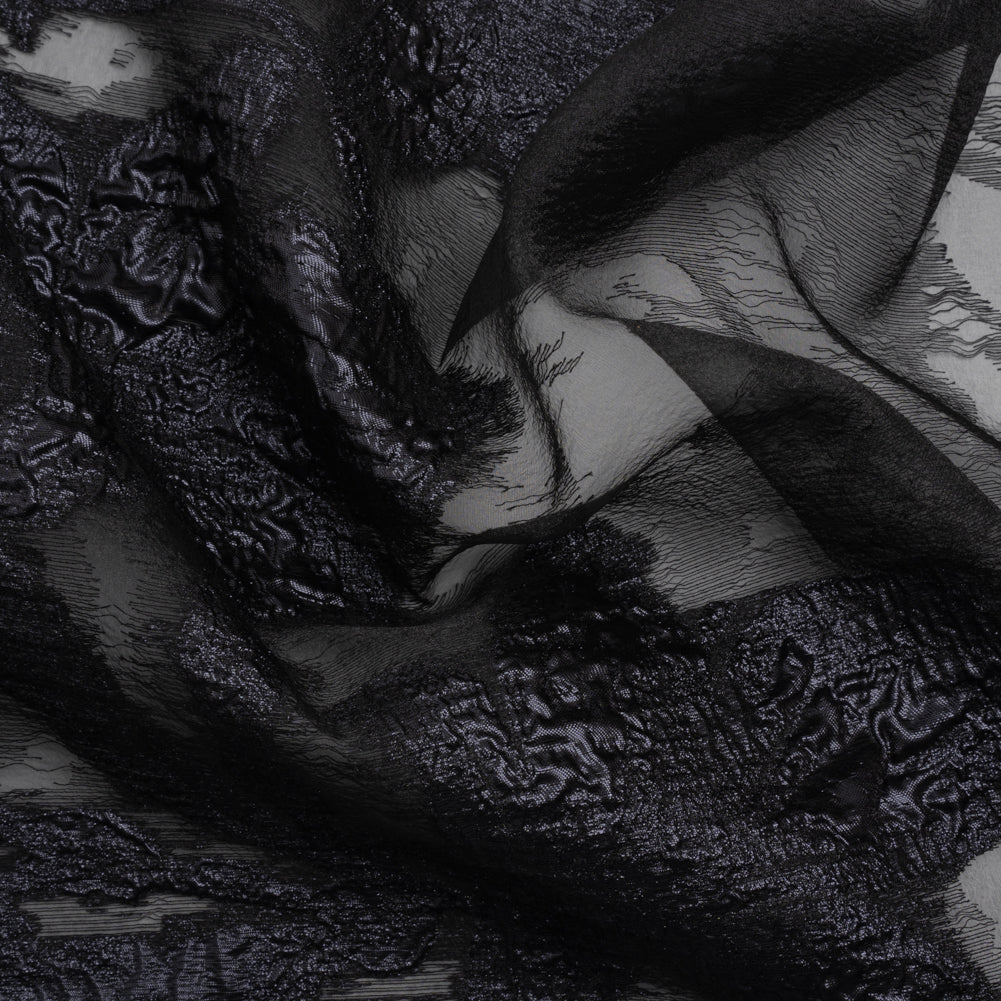Metallic Gunmetal and Black Floral Silhouettes Border Luxury Burnout Brocade