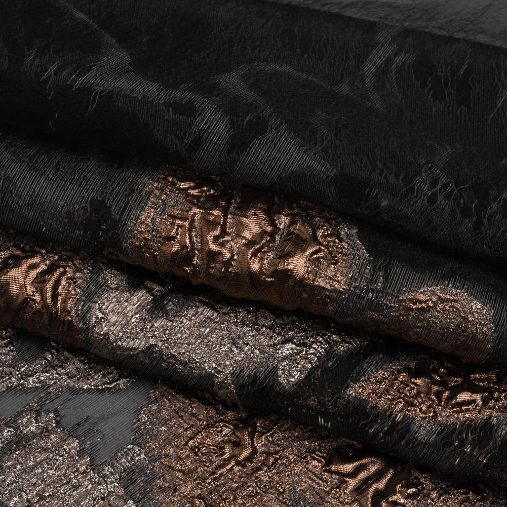 Metallic Copper and Silver Floral Silhouettes Border Luxury Burnout Brocade - Folded