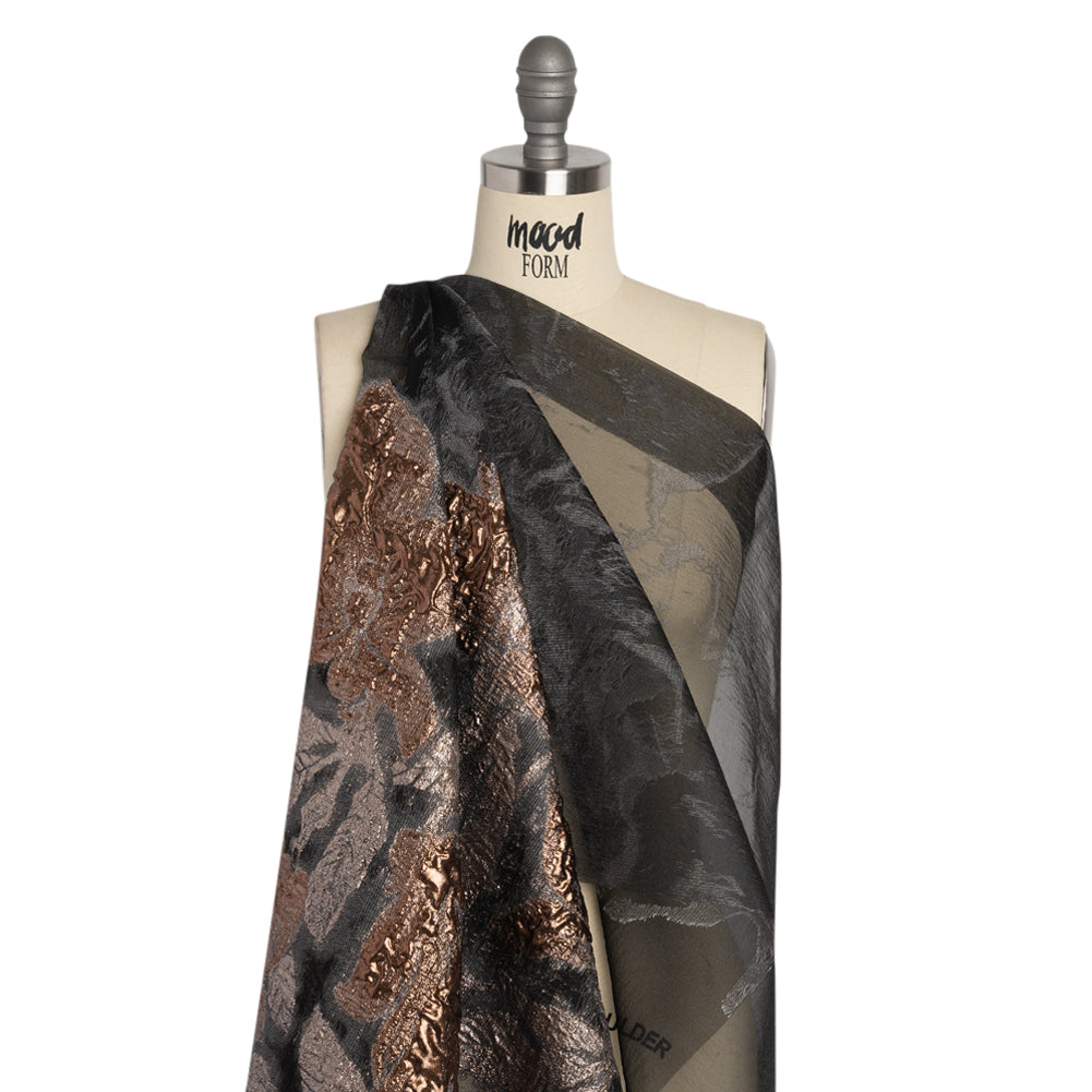 Metallic Copper and Silver Floral Silhouettes Border Luxury Burnout Brocade - Drape