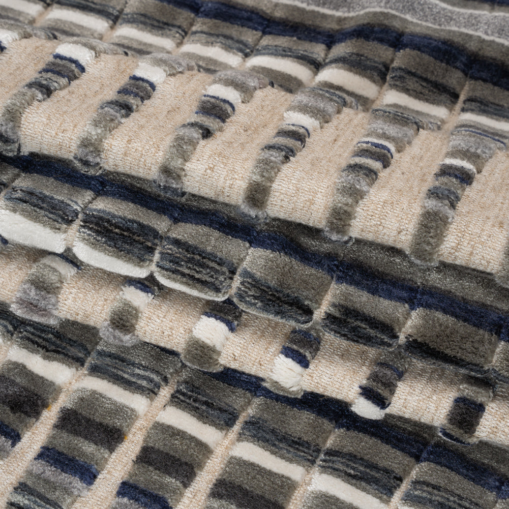 Blue Steel Stripes and Plush Velvet Undulating Lines Upholstery Woven Folded