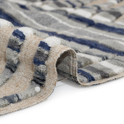 Blue Steel Stripes and Plush Velvet Undulating Lines Upholstery Woven Detail