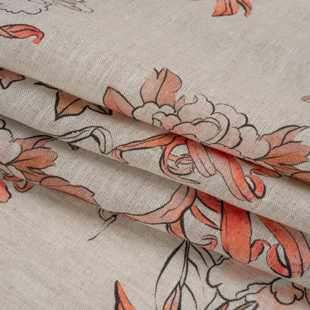 Oatmeal and Coral Fading Bouquet Medium Weight Linen Woven - Folded