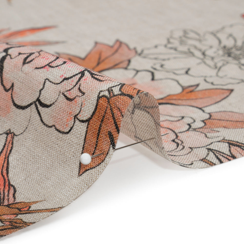Oatmeal and Coral Fading Bouquet Medium Weight Linen Woven - Detail