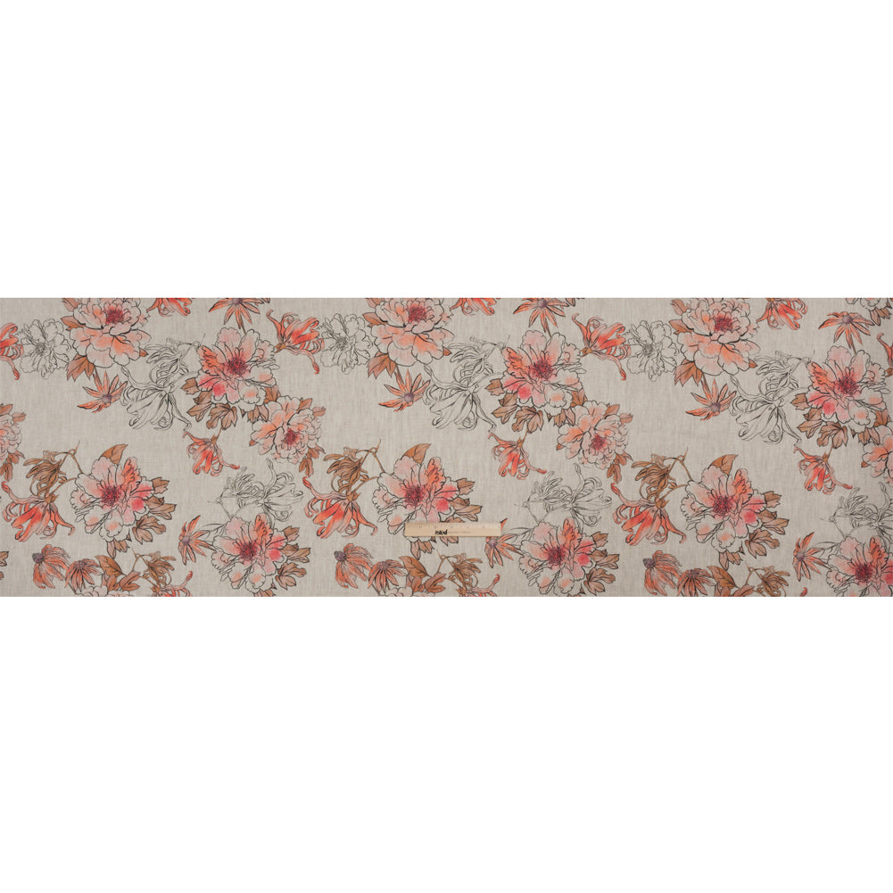 Oatmeal and Coral Fading Bouquet Medium Weight Linen Woven - Full