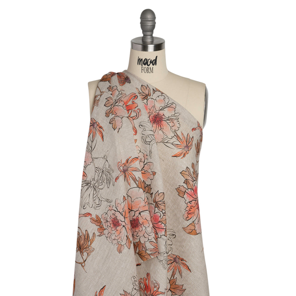 Oatmeal and Coral Fading Bouquet Medium Weight Linen Woven - Drape