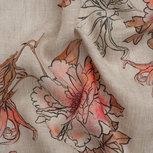 Oatmeal and Coral Fading Bouquet Medium Weight Linen Woven
