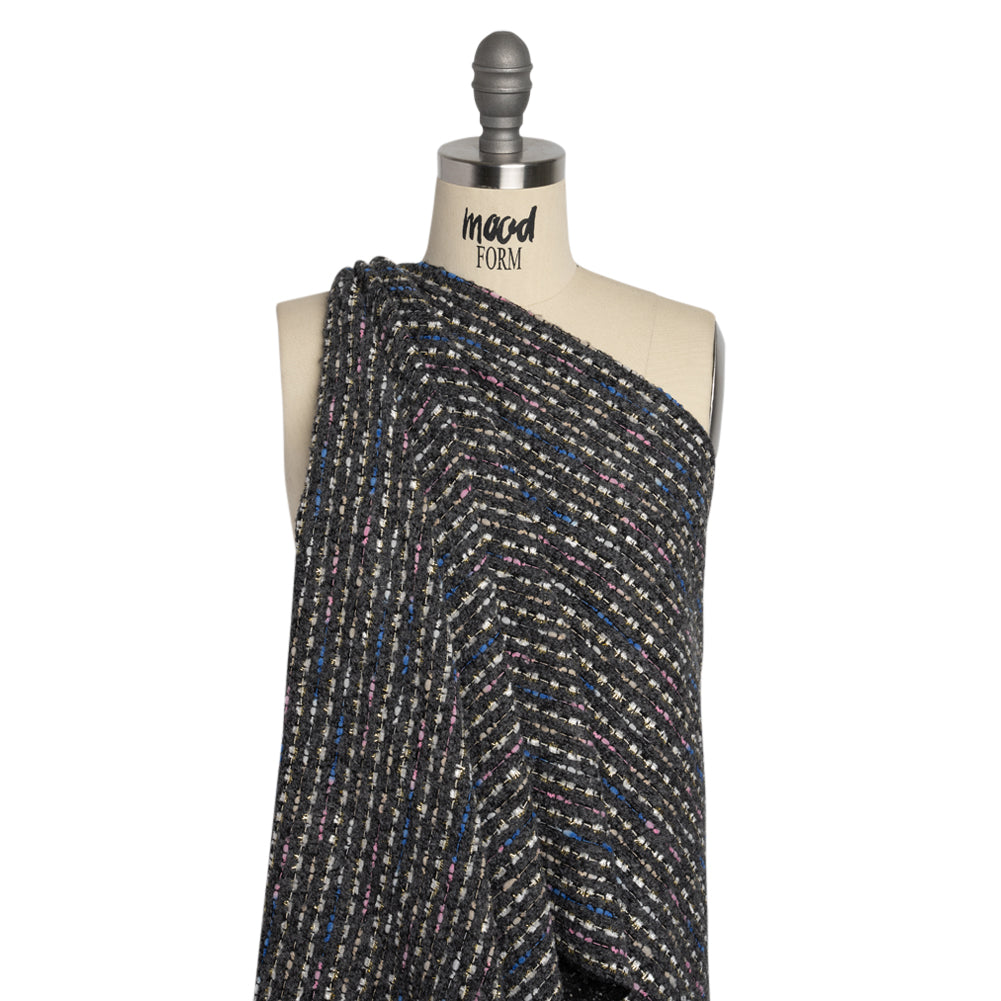Charcoal, Pink and Blue Boucle Striped Acrylic Tweed Drape