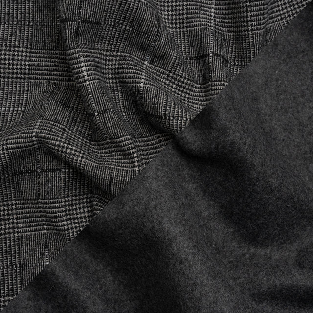 Black, White and Gray Glen Plaid Wool Blend Double Cloth Coating with Metallic Accents
