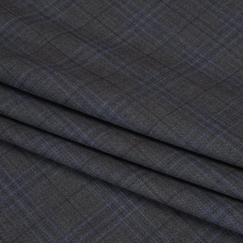 Wool and Silk Suiting - Gray and Blue Plaid - Deadstock Folded