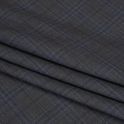Wool and Silk Suiting - Gray and Blue Plaid - Deadstock Folded
