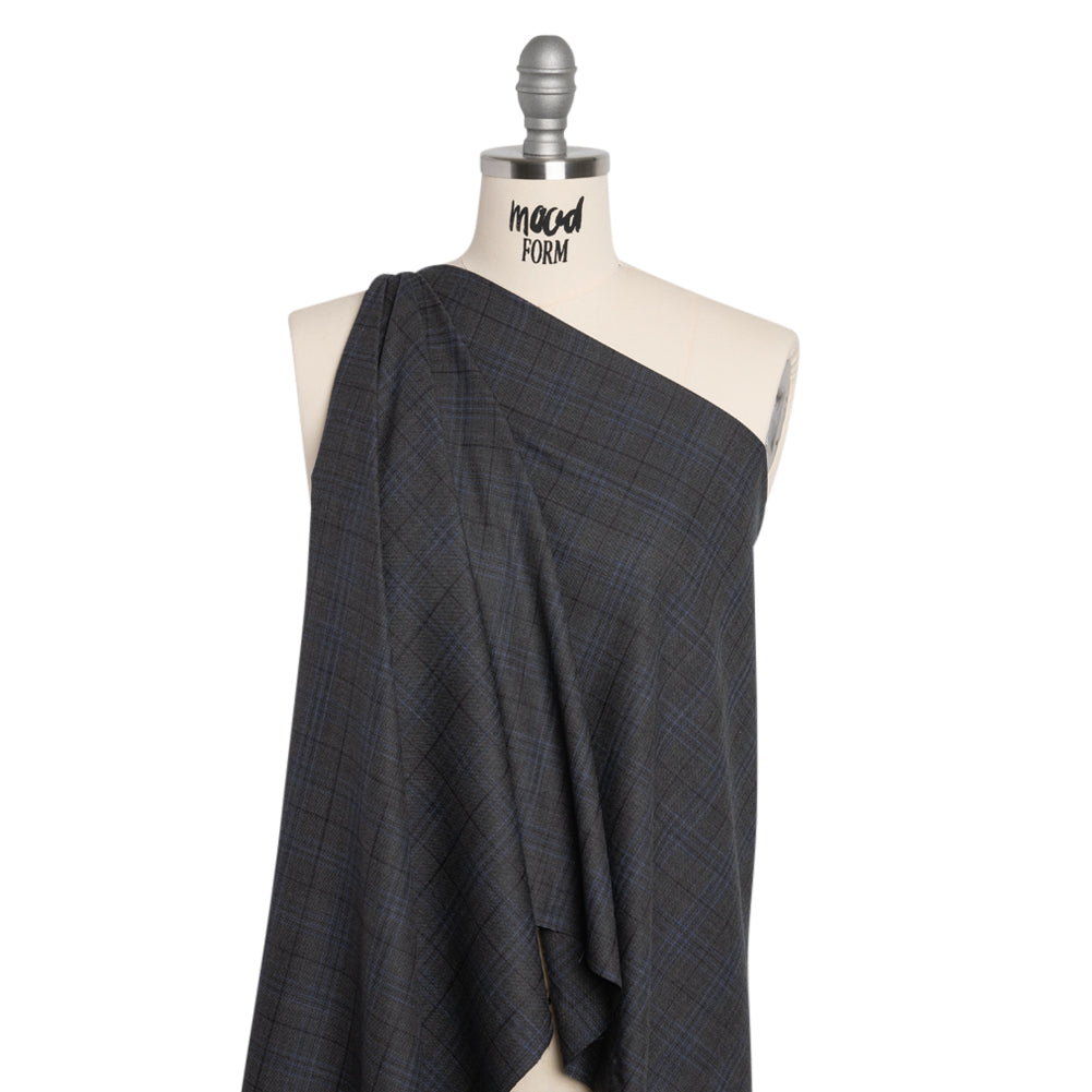 Wool and Silk Suiting - Gray and Blue Plaid - Deadstock Drape