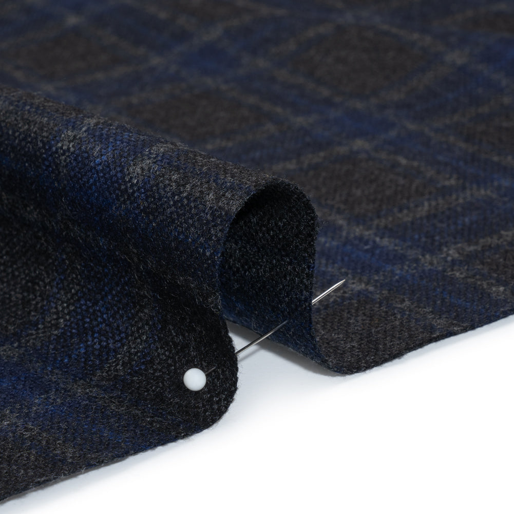 Wool Blend Woven - Charcoal and Blue Plaid - Deadstock Detail