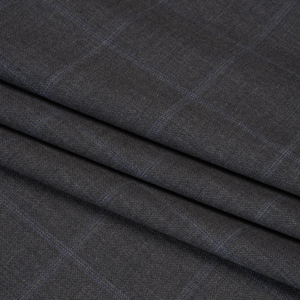 Wool Suiting - Gray and Blue Windowpane Check - Deadstock Folded