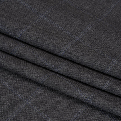 Wool Suiting - Gray and Blue Windowpane Check - Deadstock Folded