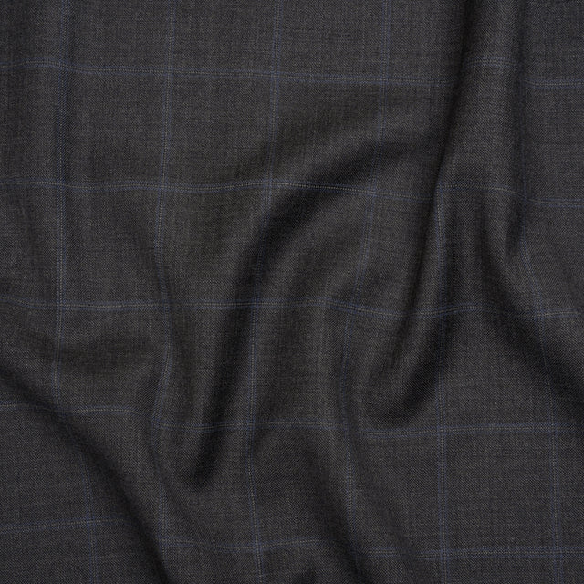 Wool Suiting - Gray and Blue Windowpane Check - Deadstock