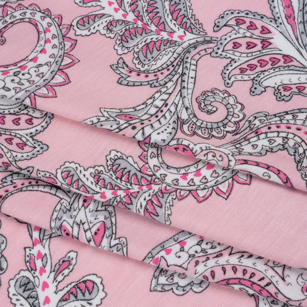 Stretch Rayon Jersey - Pink and Gray Jacobean Floral - Deadstock - Folded