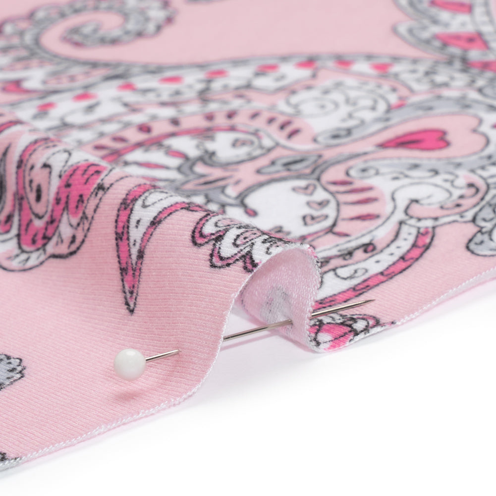 Stretch Rayon Jersey - Pink and Gray Jacobean Floral - Deadstock - Detail