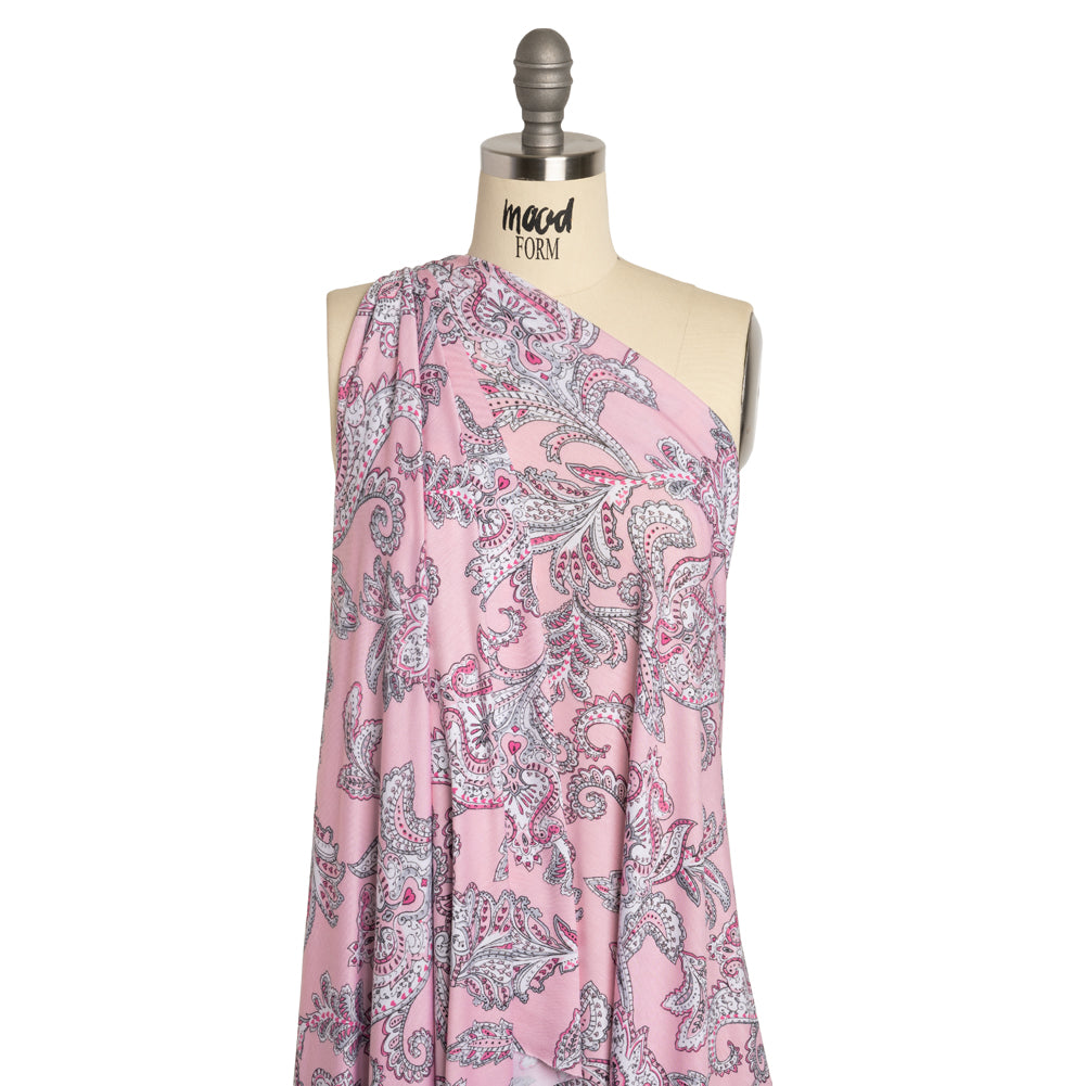 Stretch Rayon Jersey - Pink and Gray Jacobean Floral - Deadstock - Drape