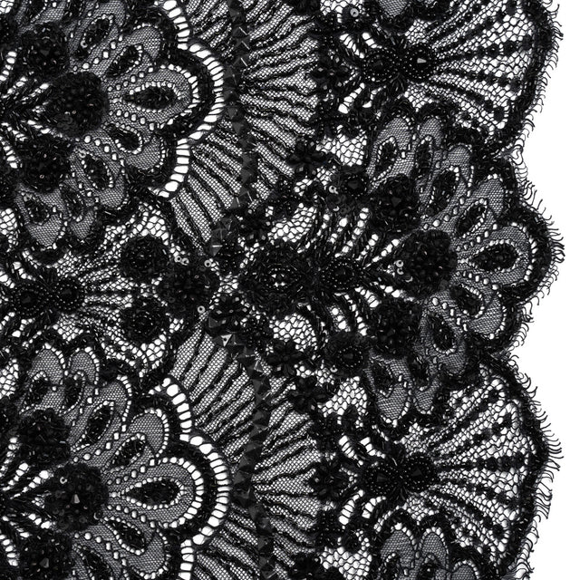 Beaded Lace with Sequin Studs and Finished Edges - Black Fantastical Florals