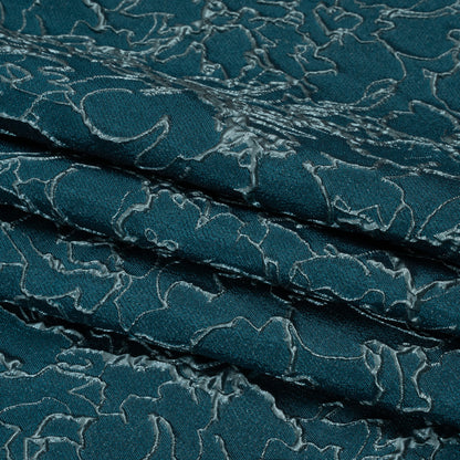 Metallic Luxury Brocade - Teal and Sky Blue Floral Outlines