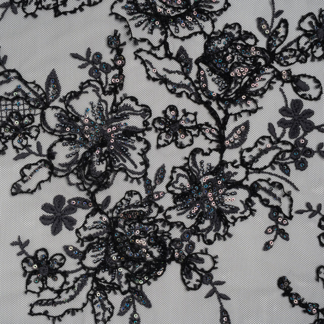 Embroidered and Beaded Lace with Holographic Sequins - Black and Gray Rose Garden