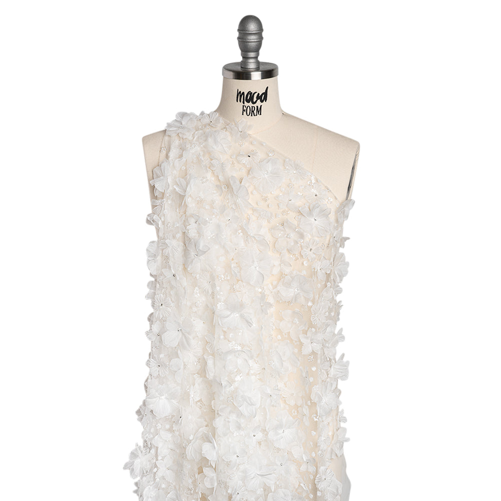 Beaded and Sequined Lace with 3D Fabric Flowers - White Floral with Clear Beads - Drape