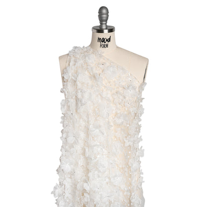 Beaded and Sequined Lace with 3D Fabric Flowers - White Floral with Clear Beads